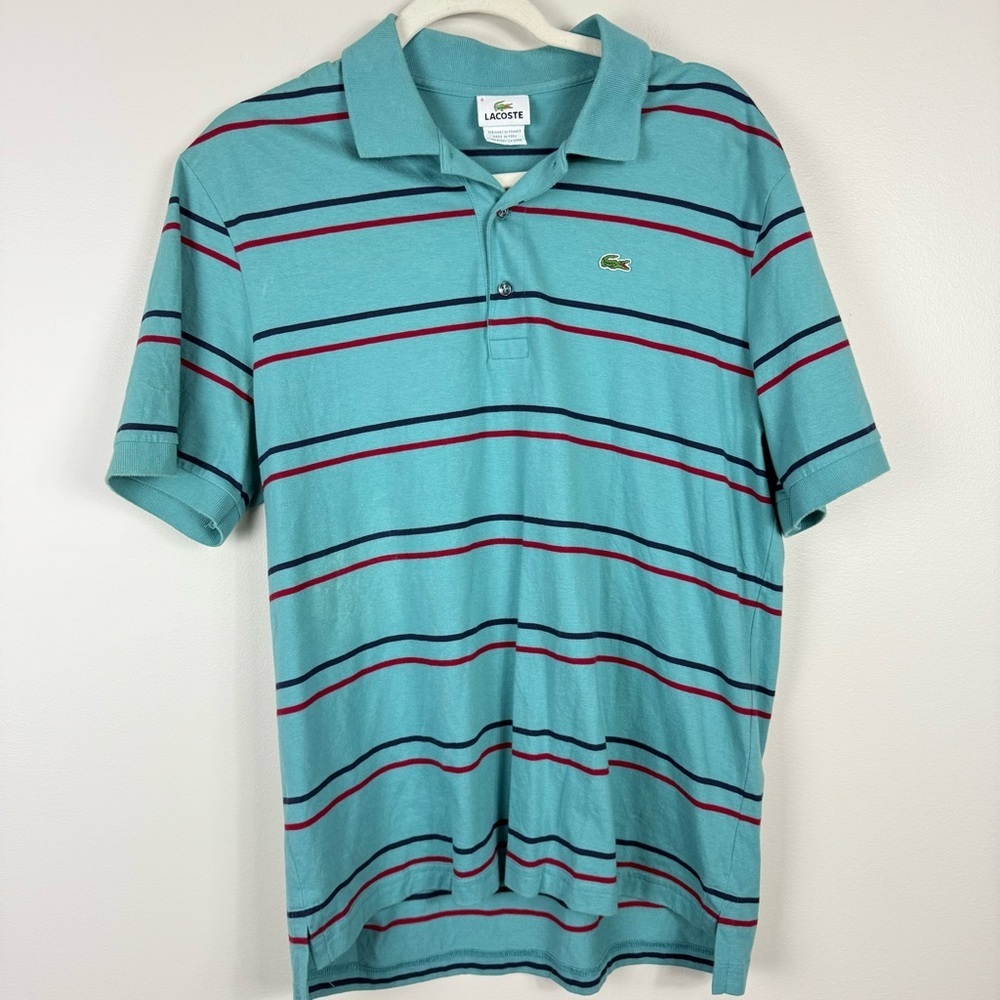 Lacoste Polo Mens 7 Large Teal Blue Red Stripe Short Sleeve Preppy Short Sleeve